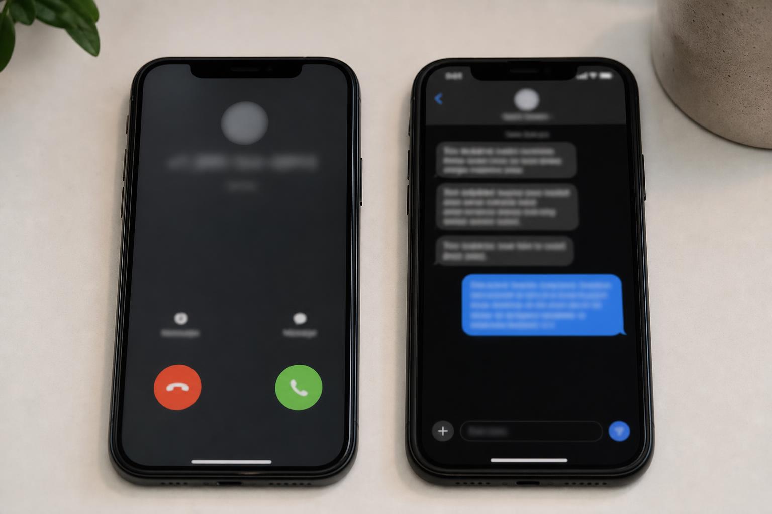 Two smartphone screens side by side showing a missed call notification followed by an automated text-back reply