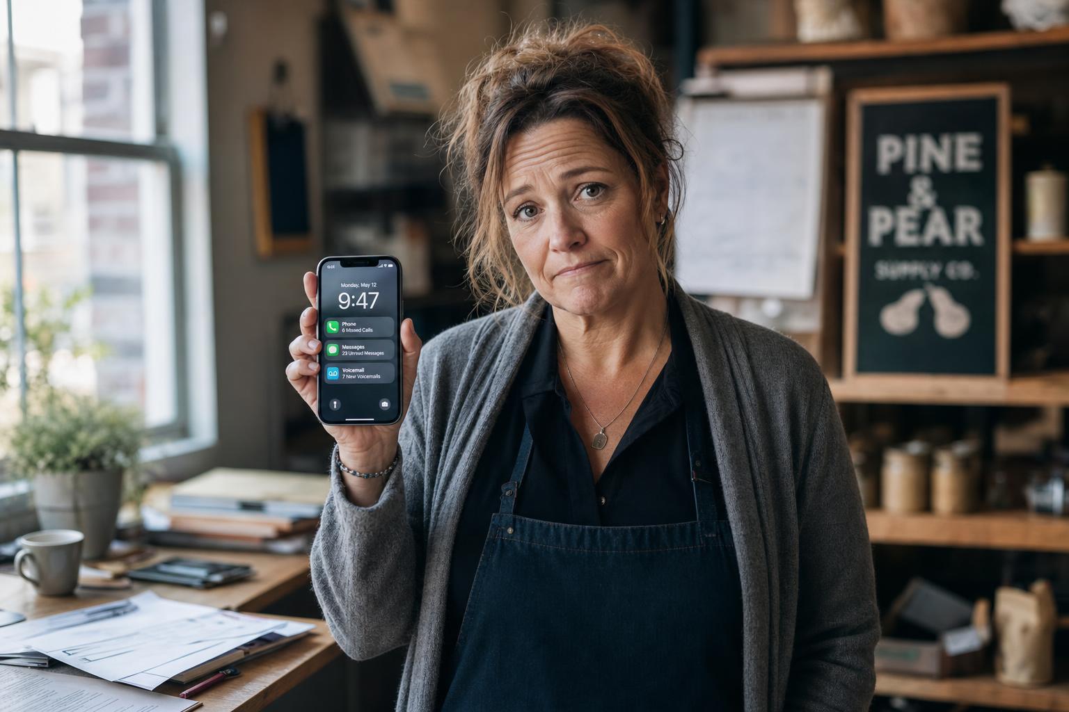 A small business owner holding up a smartphone showing a screen full of missed call notifications