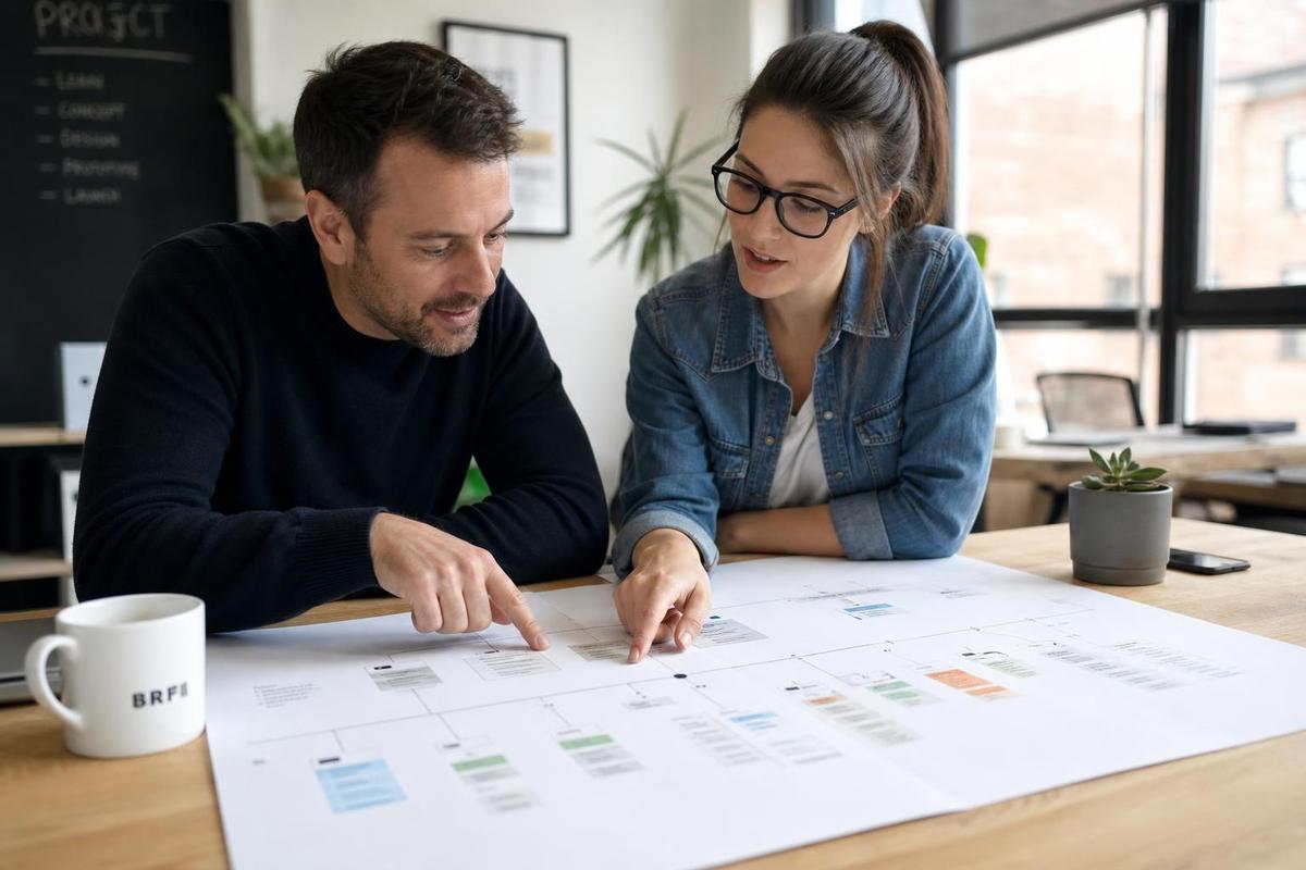 A small business owner and a web designer reviewing a printed multi-page website sitemap diagram spread across a table