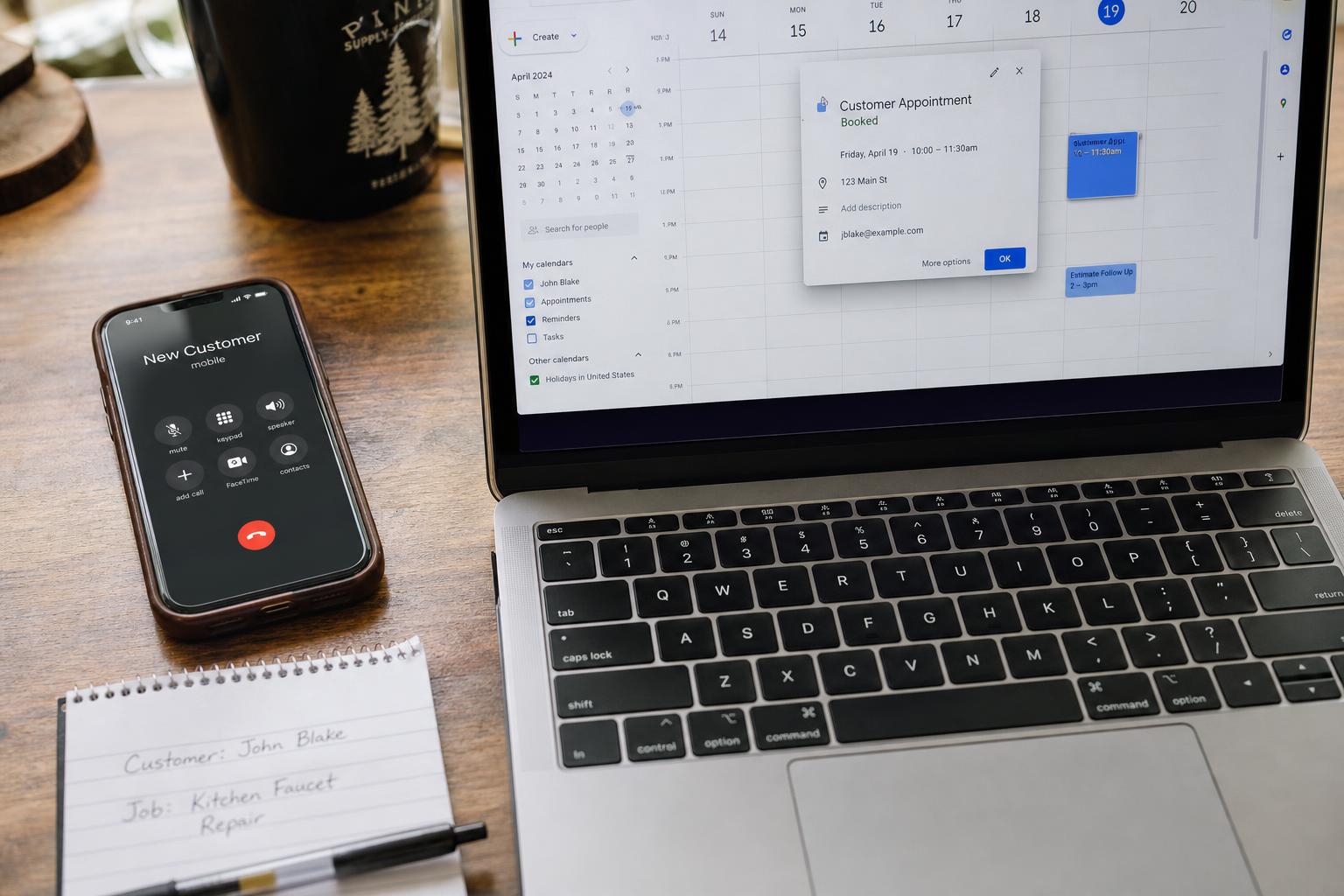A smartphone ringing on a desk next to a laptop showing a booked appointment on a calendar, representing the moment a call turns into a scheduled job