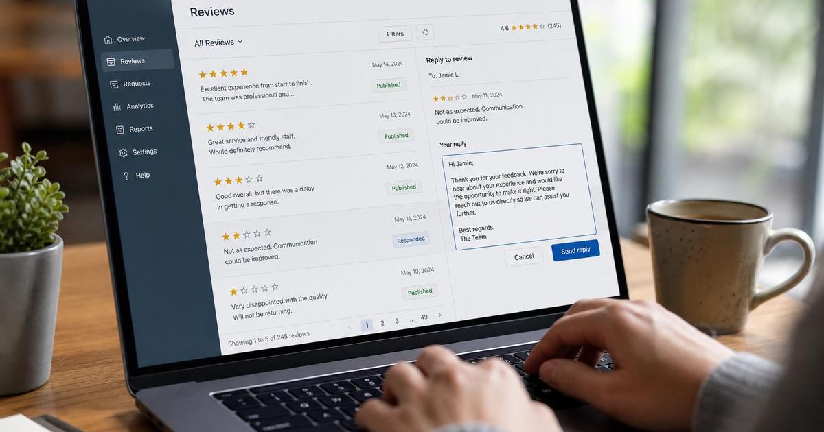 A close-up of a laptop screen showing a generic customer review dashboard with star ratings, review snippets, and a reply being drafted