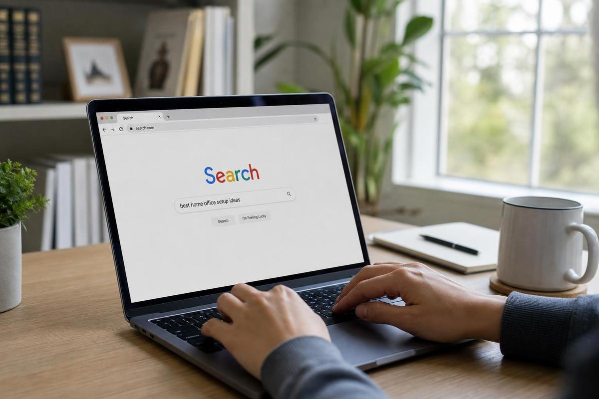 A person typing a search query into a laptop, representing active search intent on Google Ads
