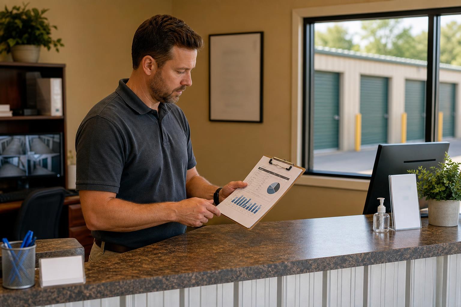 A man in a self-storage facility office reviewing a printed report with bar and pie charts on a clipboard, storage units visible through the window behind him