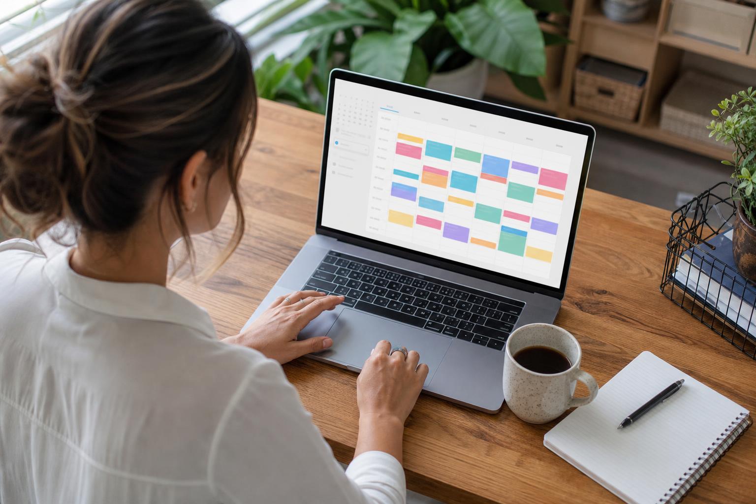 Overhead view of a small business owner reviewing an online booking calendar dashboard on a laptop