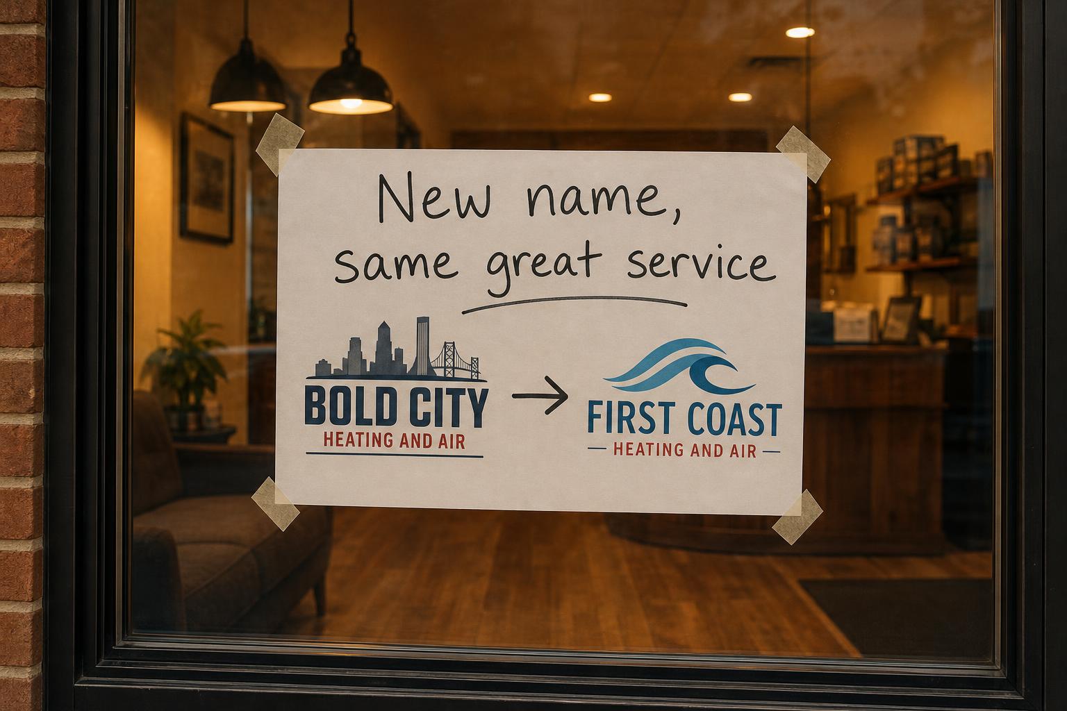 A handwritten notice taped inside a small shop's front window announcing the new brand name alongside the old and new logo