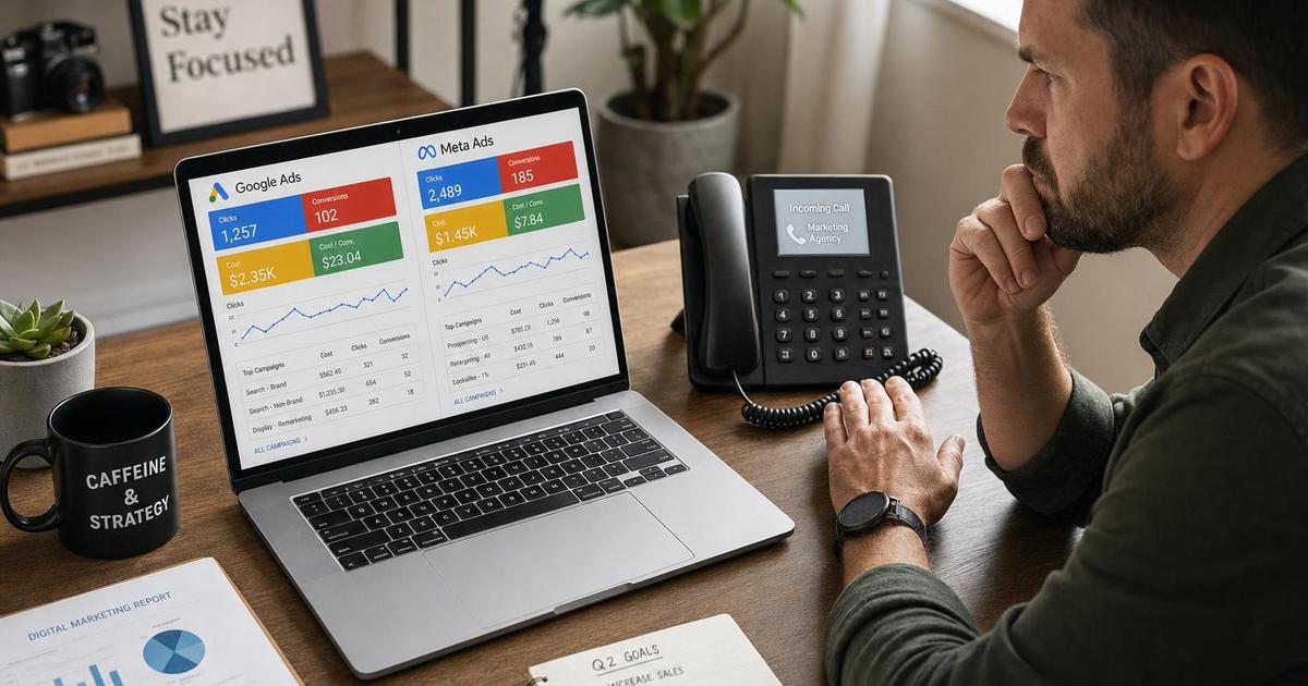 A small business owner at a desk looking at a Google Ads and Meta Ads dashboard on a laptop, trying to figure out which campaign drove an incoming call