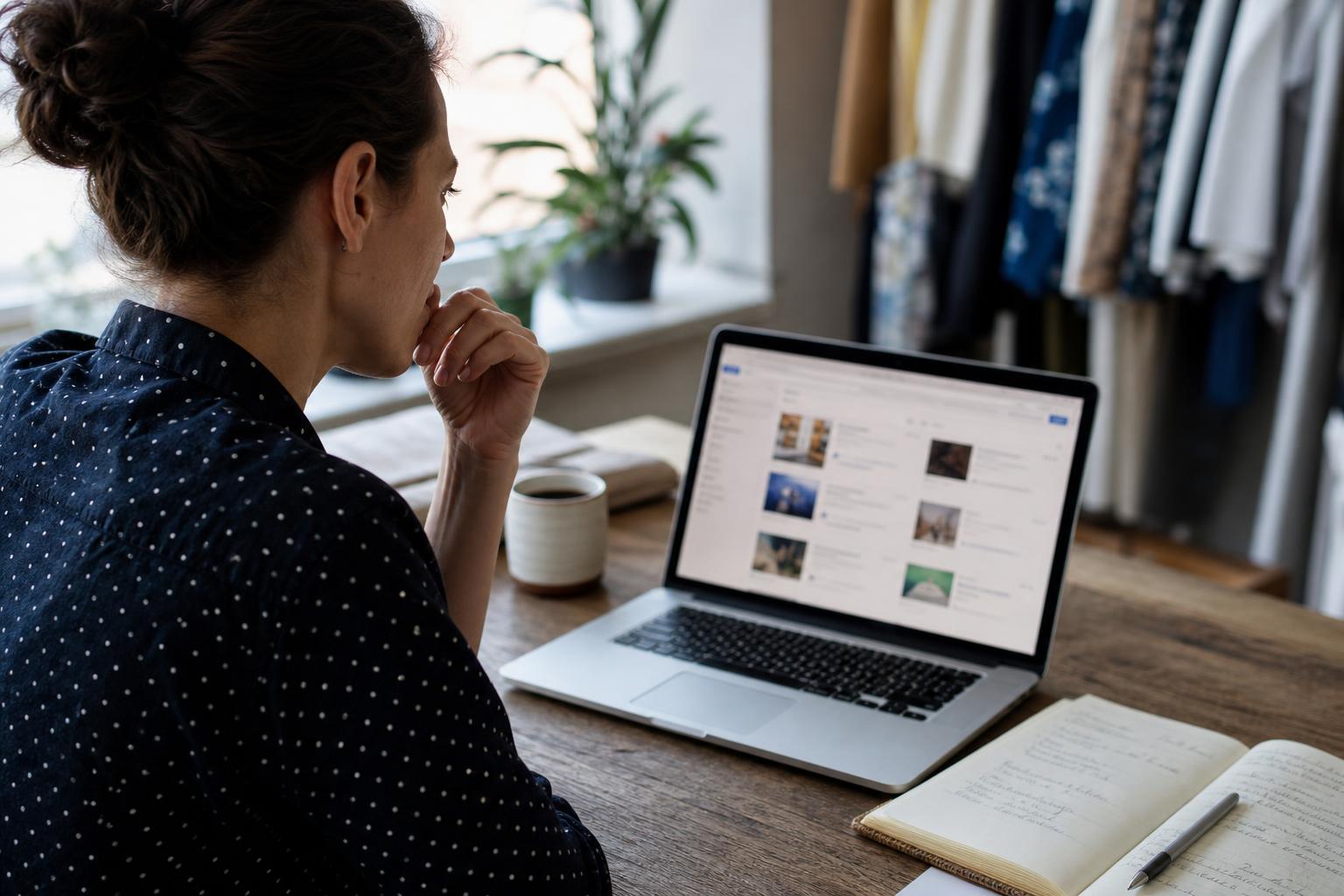 A small business owner at a desk scrolling through freelance marketplace gig listings on a laptop, thoughtful expression, notebook and coffee nearby