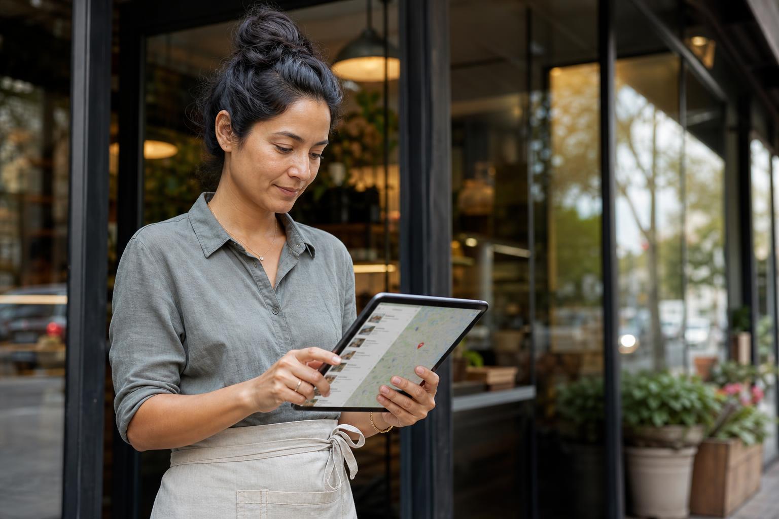 A small business owner outside their storefront checking their local search ranking on a tablet