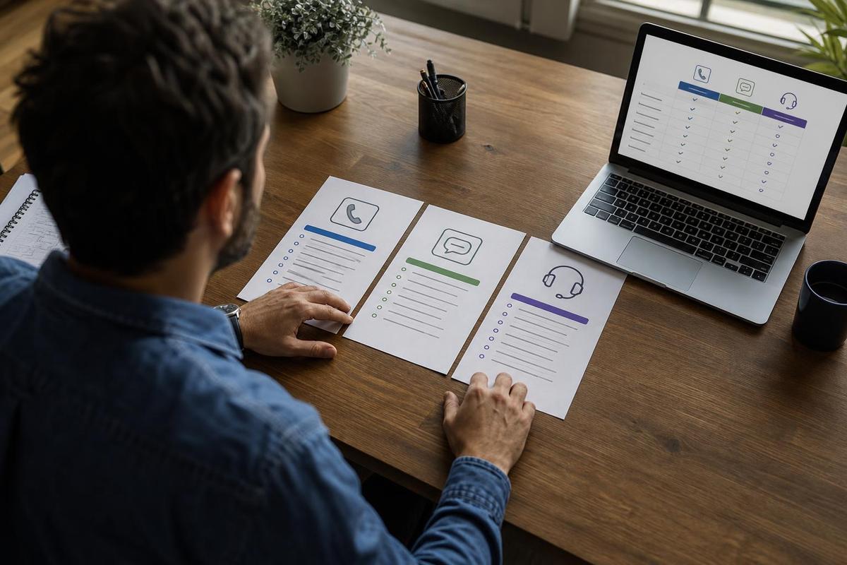 A small business owner at a desk comparing three printed summaries of an AI voice option, a text-back option, and a human answering option, laptop open beside them showing a simple comparison chart