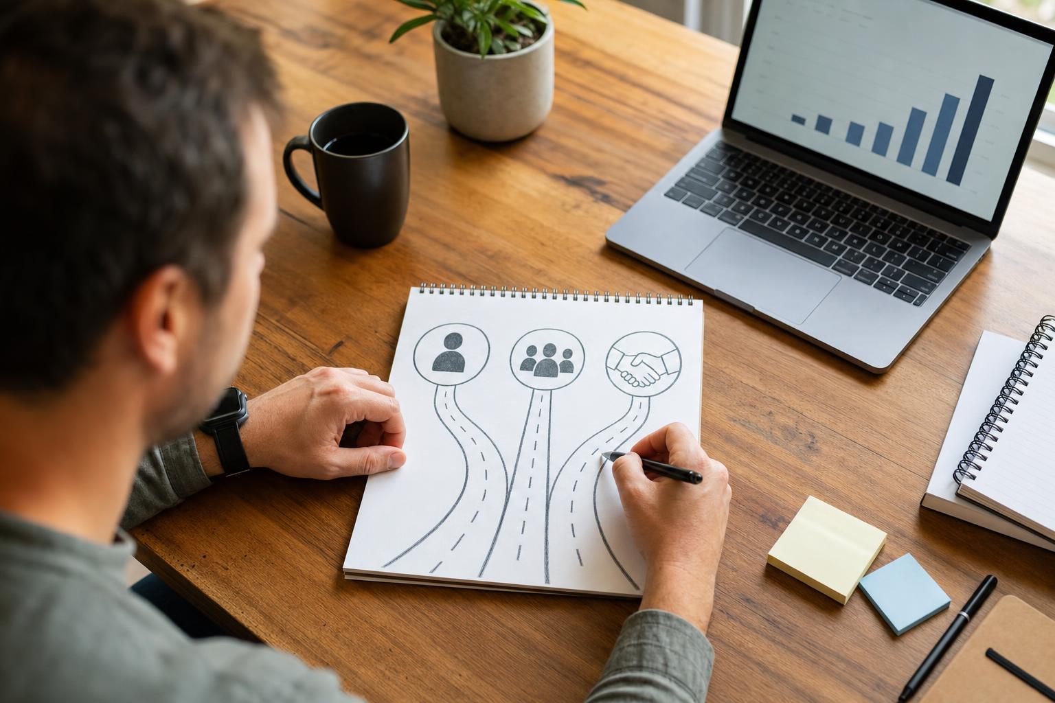 A small business owner at a wooden desk sketching three connected marketing staffing options on a notepad next to a laptop showing a simple chart