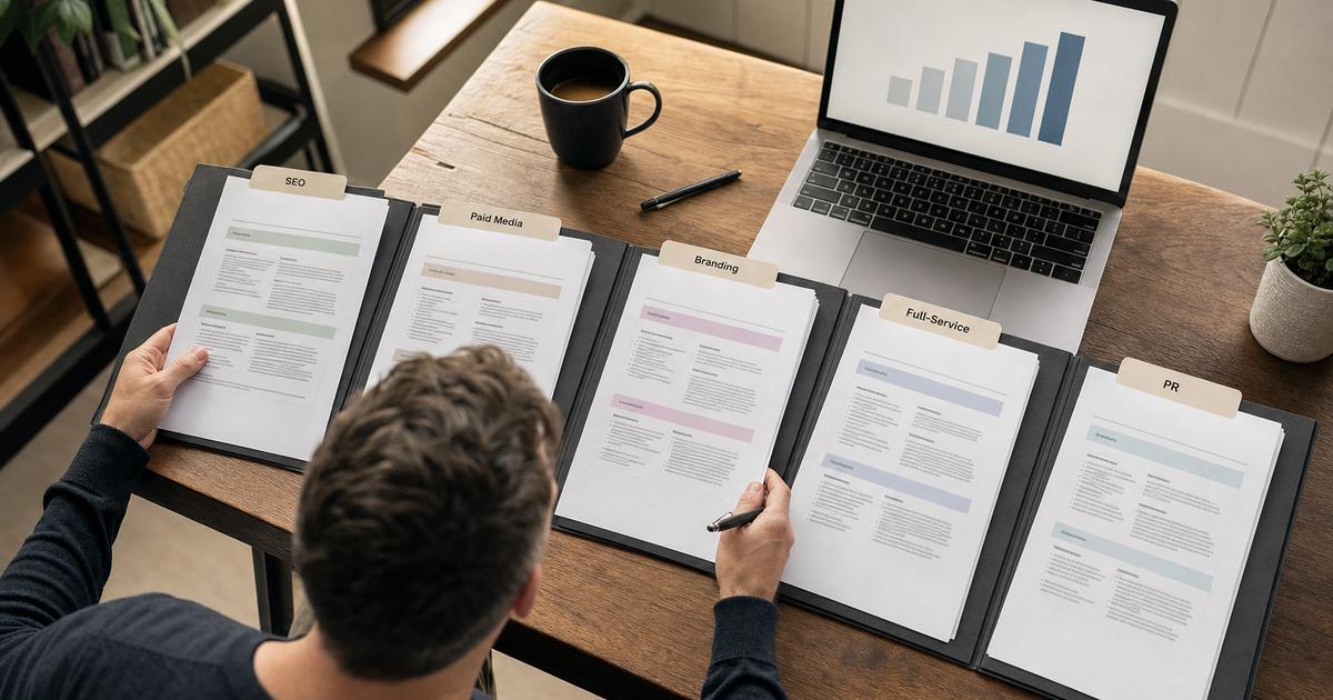 A small business owner at a desk comparing five separate agency proposal folders labeled by specialty, with a laptop showing a simple chart nearby