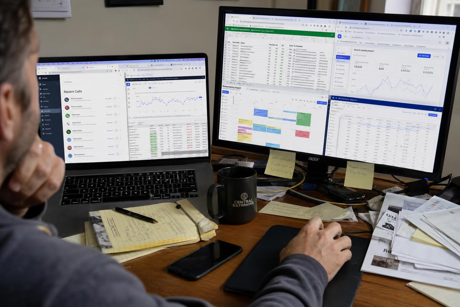 A small business owner at a desk with multiple browser tabs and app windows open at once, showing a fragmented set of disconnected marketing tools