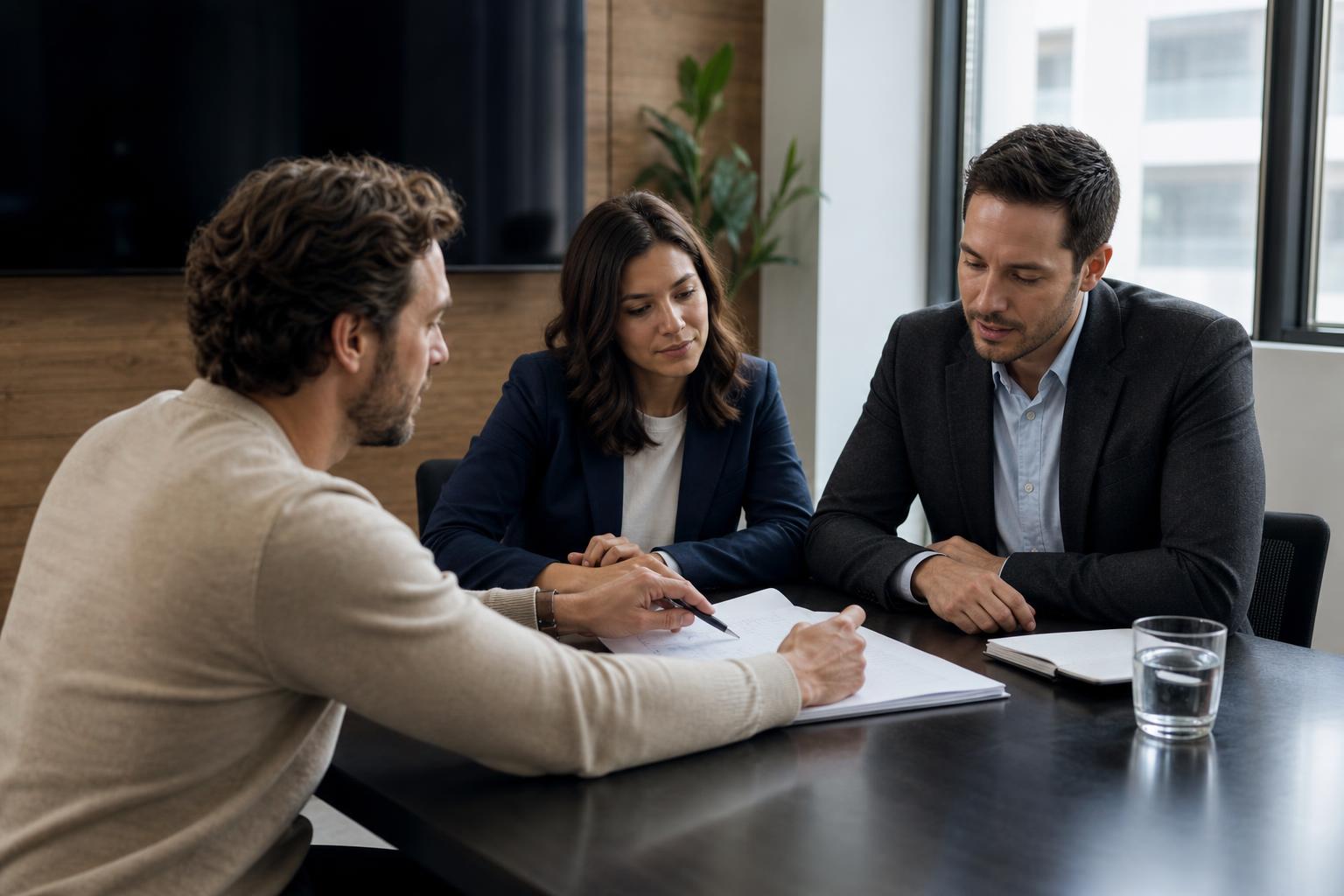 A small business owner comparing a printed marketing agency proposal with two agency representatives across a conference table