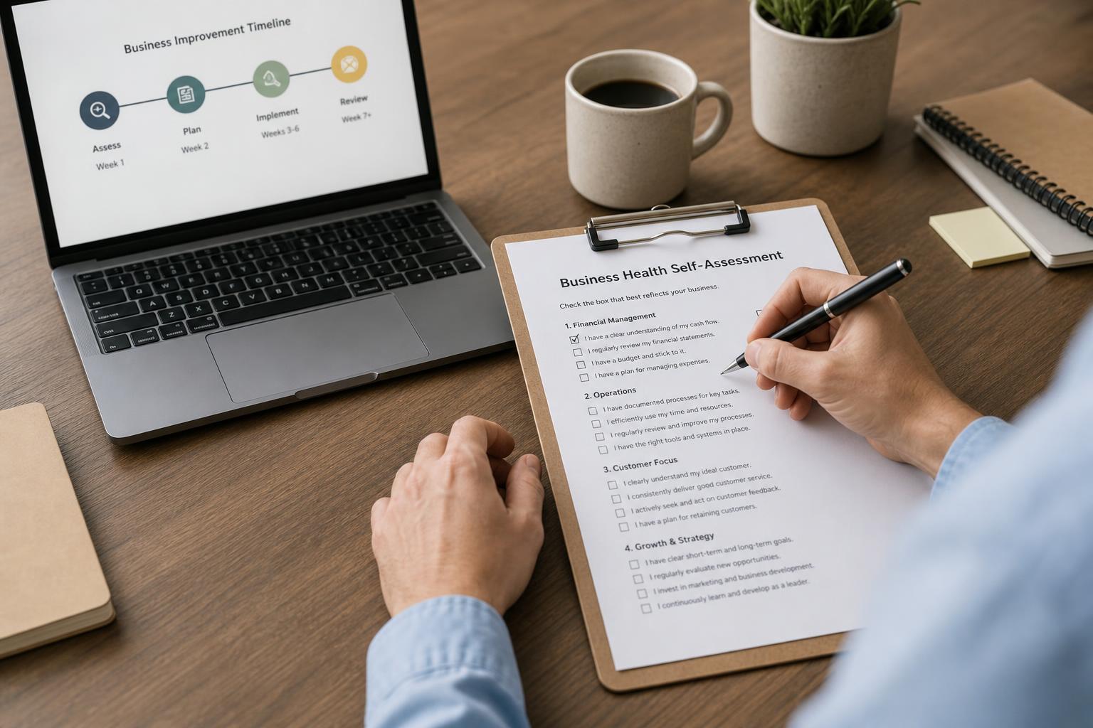 A small business owner's hands filling out a printed self-assessment checklist on a clipboard next to a laptop showing a simple timeline graphic