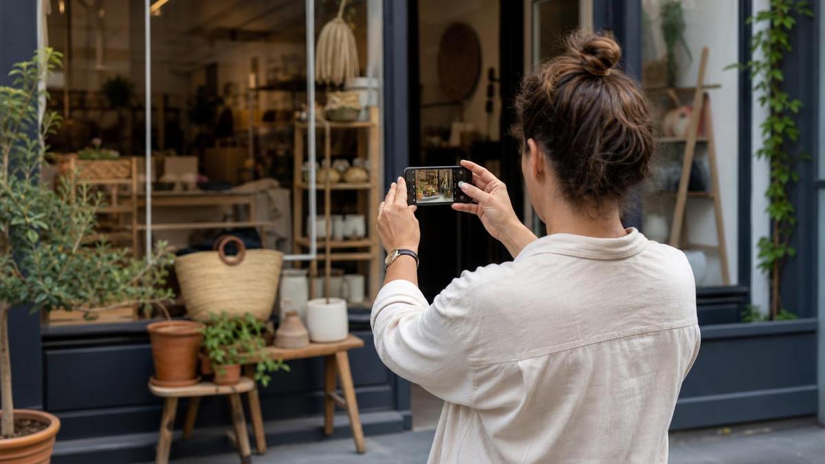 A small business owner photographing their storefront and product display with a smartphone in natural daylight