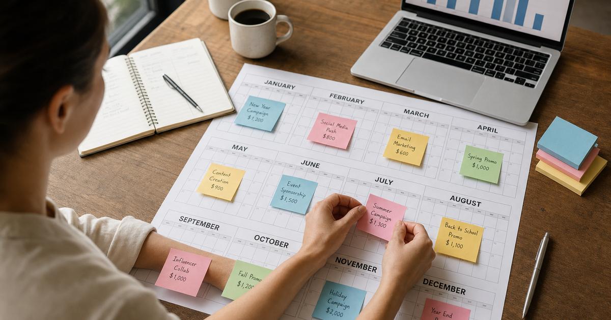 A small business owner at a desk mapping monthly marketing budget allocations onto a 12-month wall calendar, a laptop with a simple chart nearby
