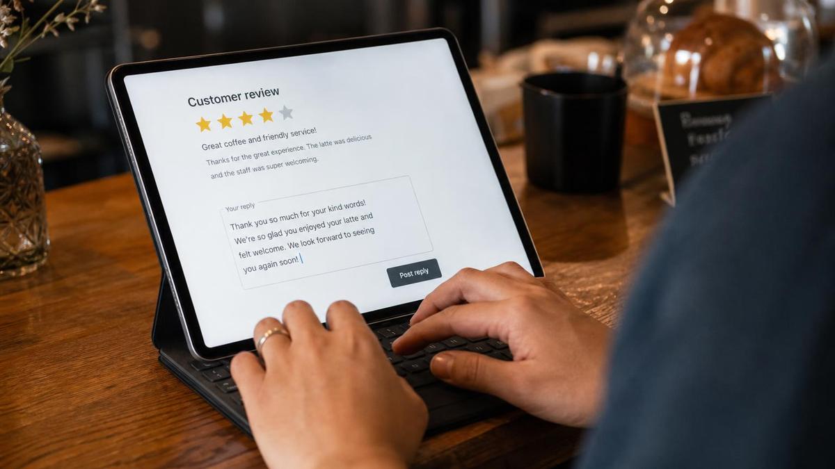 A small business owner's hands typing a reply to a customer review on a tablet at a cafe counter