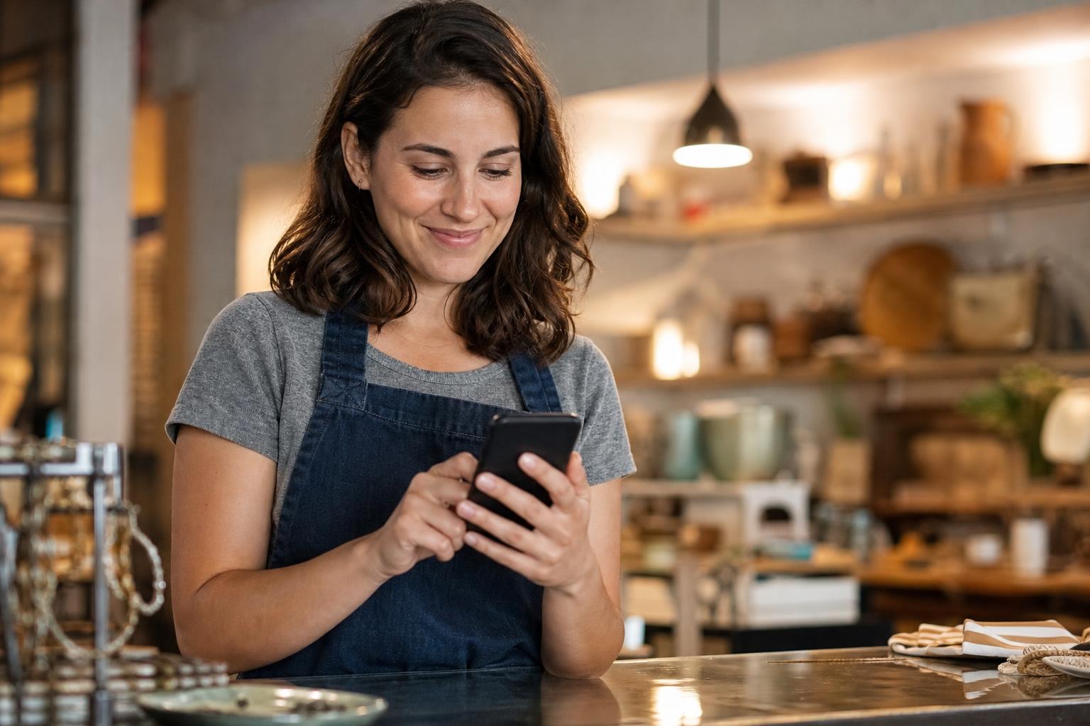 A small business owner smiling while typing a reply to a customer review on a smartphone behind a retail counter