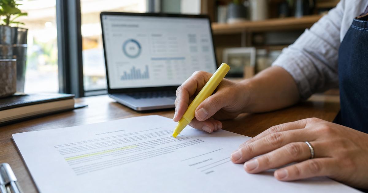 A small business owner at a desk closely reading a marketing agency contract with a highlighter, a laptop showing a generic dashboard nearby