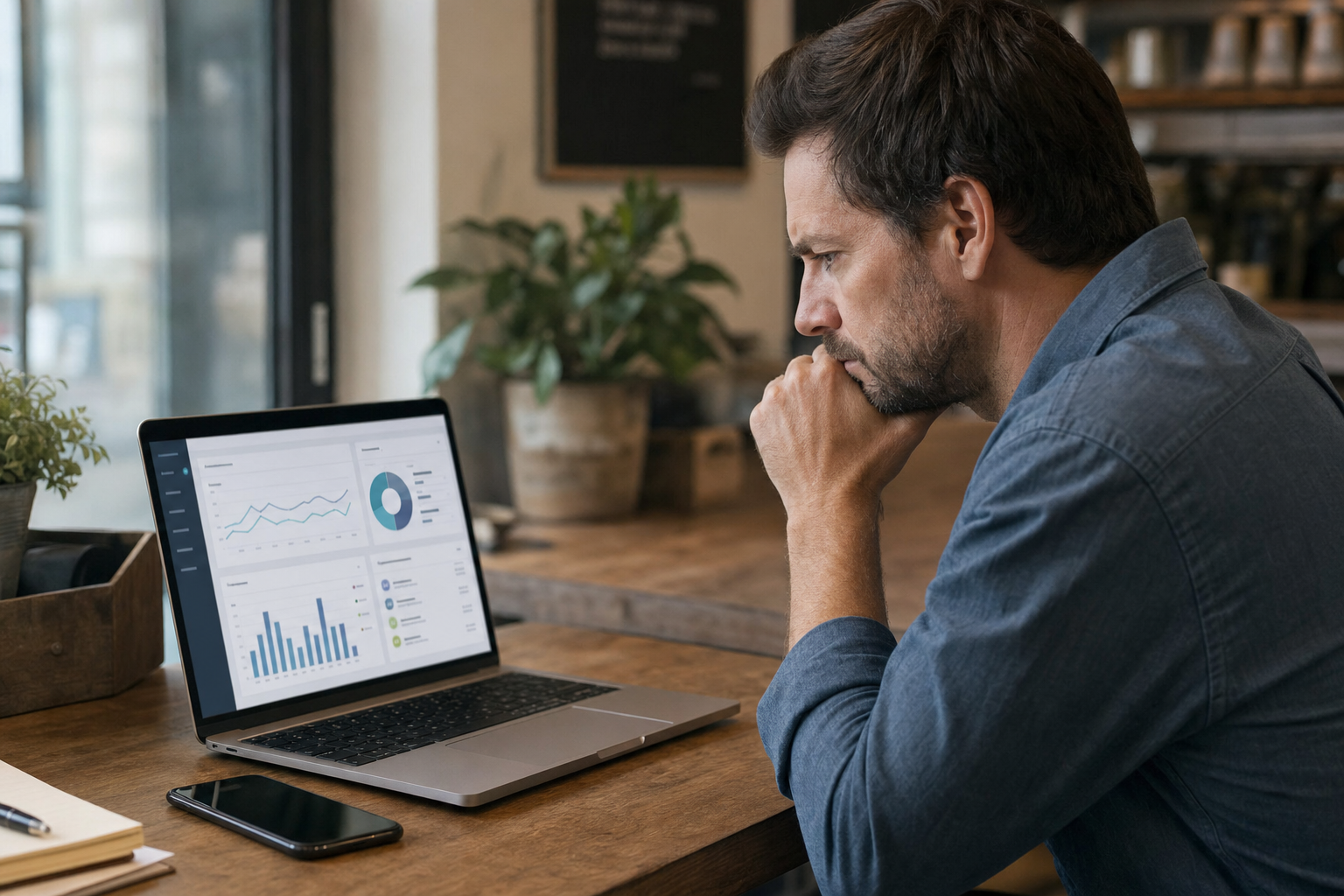 A small business owner reviewing a marketing performance report on a laptop with a concerned expression, a phone with a missed-call notification visible nearby