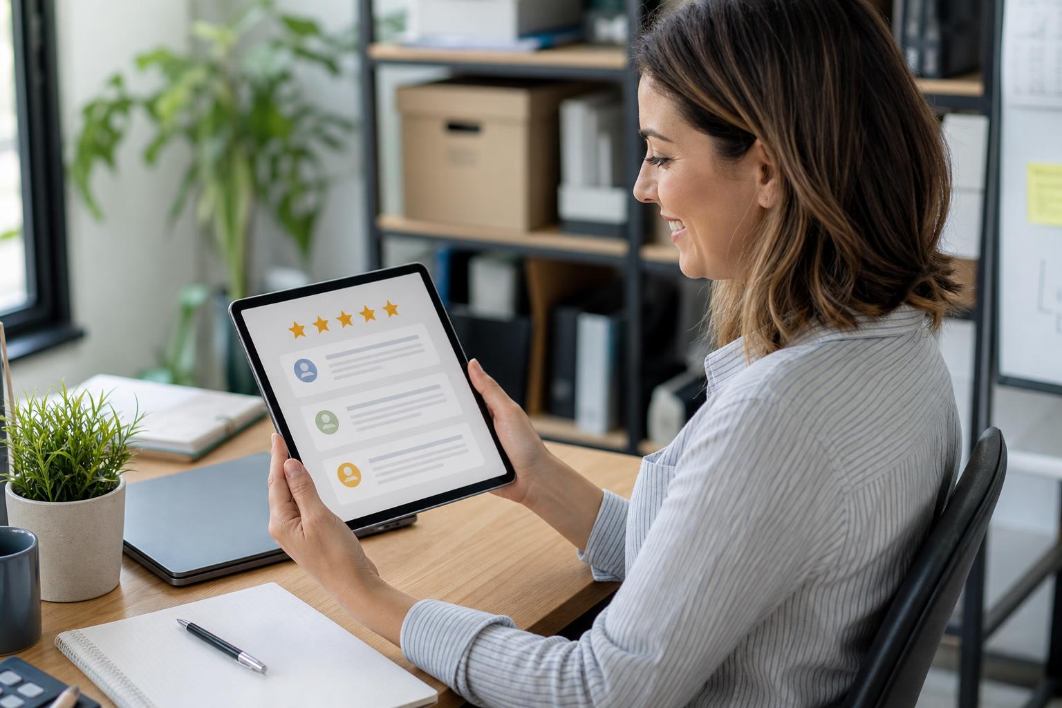 A small business owner sitting at a desk smiling while looking at a tablet showing customer review stars
