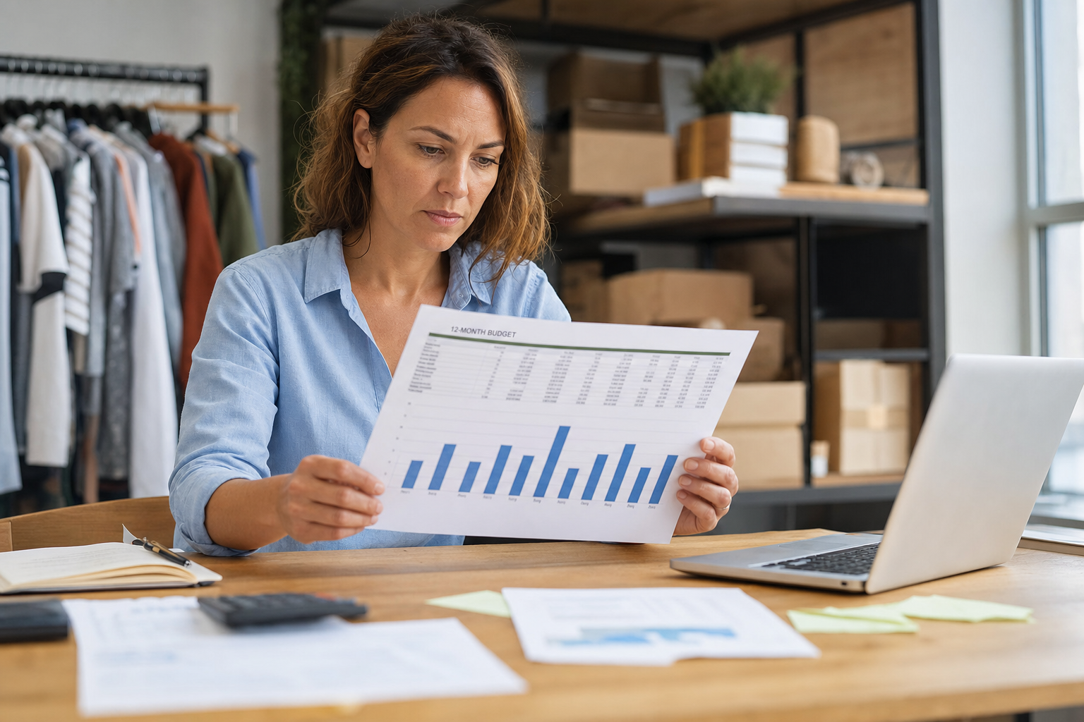 A small business owner reviewing a 12-month budget spreadsheet on a laptop with a printed bar chart nearby showing uneven monthly spending