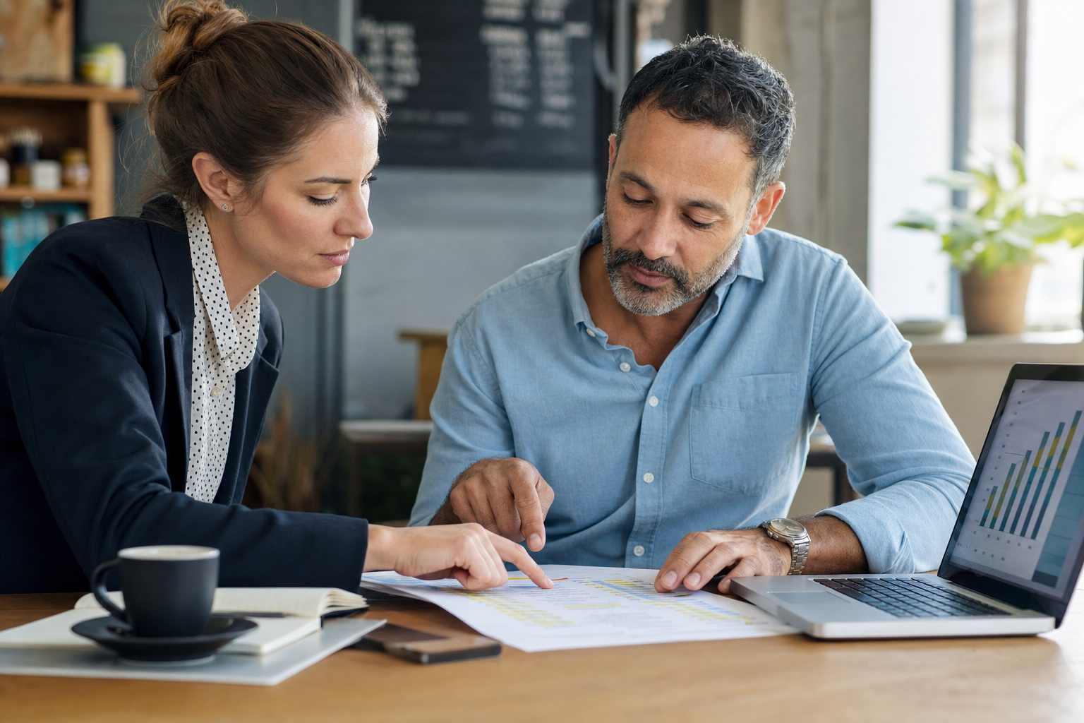 A small business owner and a marketing account manager reviewing a printed retainer scope document together at a desk, pointing at specific line items