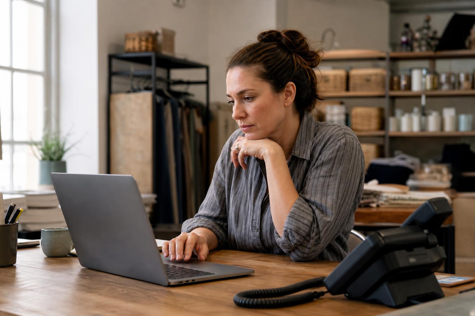 A small business owner reviewing text message replies on a laptop next to a ringing office phone
