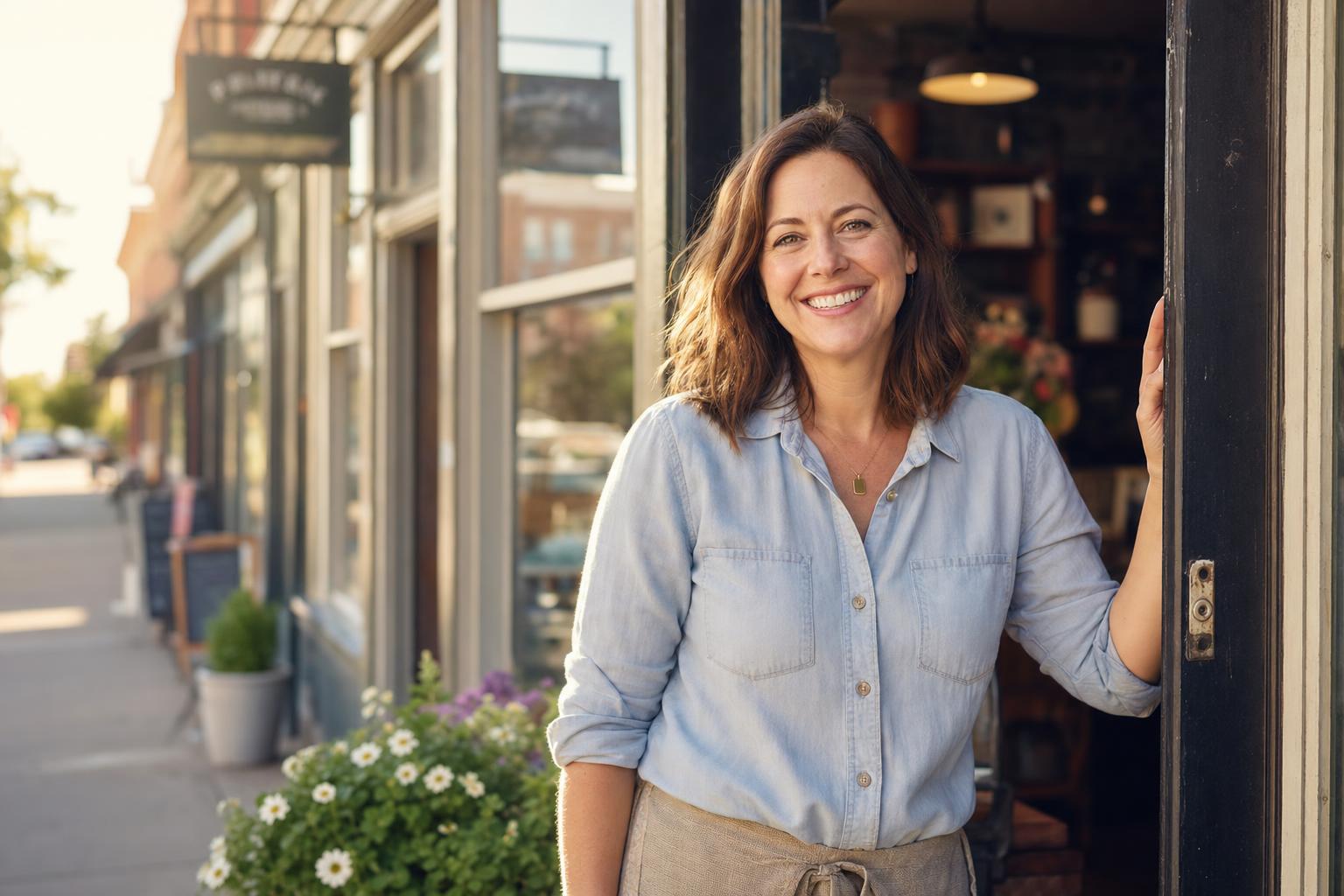 A smiling small business owner standing in the doorway of their storefront
