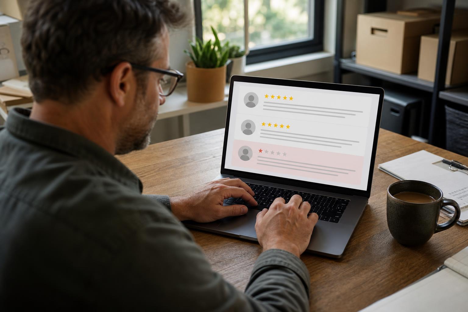 A small business owner sitting at a desk, typing a thoughtful reply on a laptop showing a list of star-rating reviews with one low rating highlighted