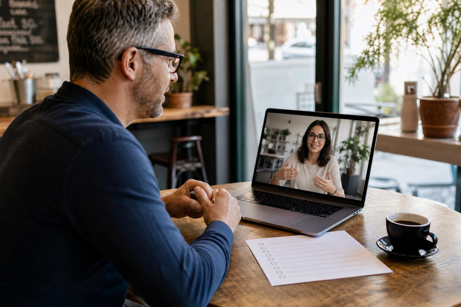 A small business owner on a video call with a marketing agency representative, a printed checklist of questions on the table next to a coffee cup