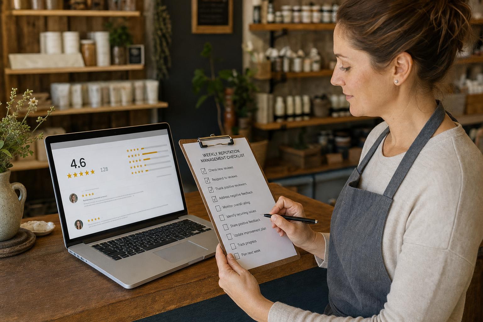 A small business owner at a shop counter checking off items on a printed weekly reputation-management checklist next to a laptop showing a star-rating review dashboard