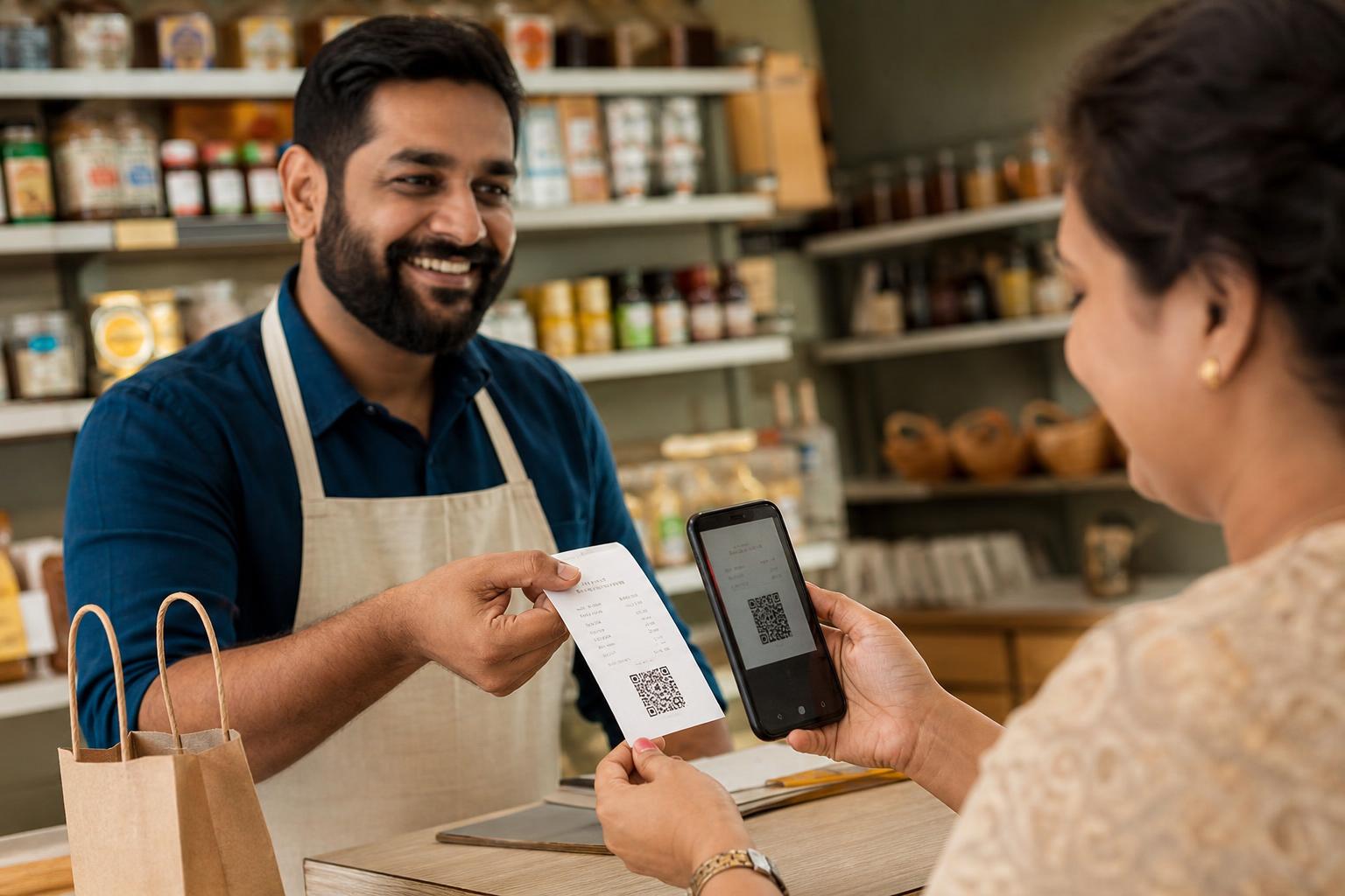 A small independent shop owner handing a customer a printed receipt with a QR code at checkout, the customer holding up a smartphone