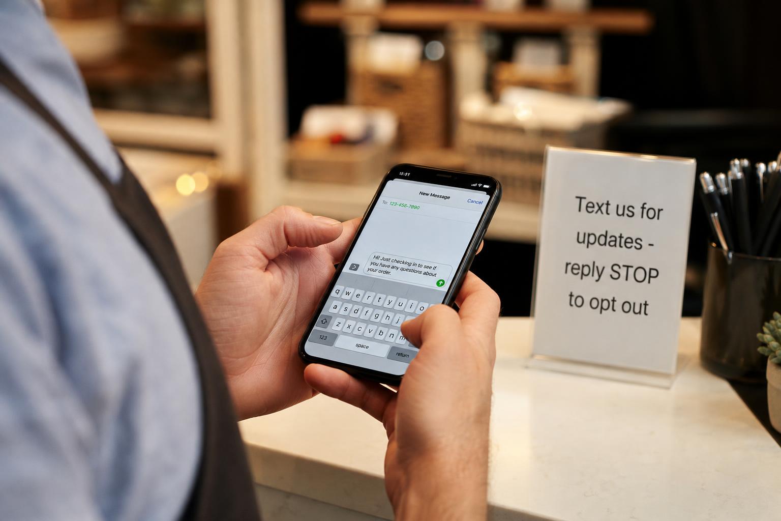 A small business owner's hands typing a text message on a smartphone at a shop counter next to a small opt-out notice sign