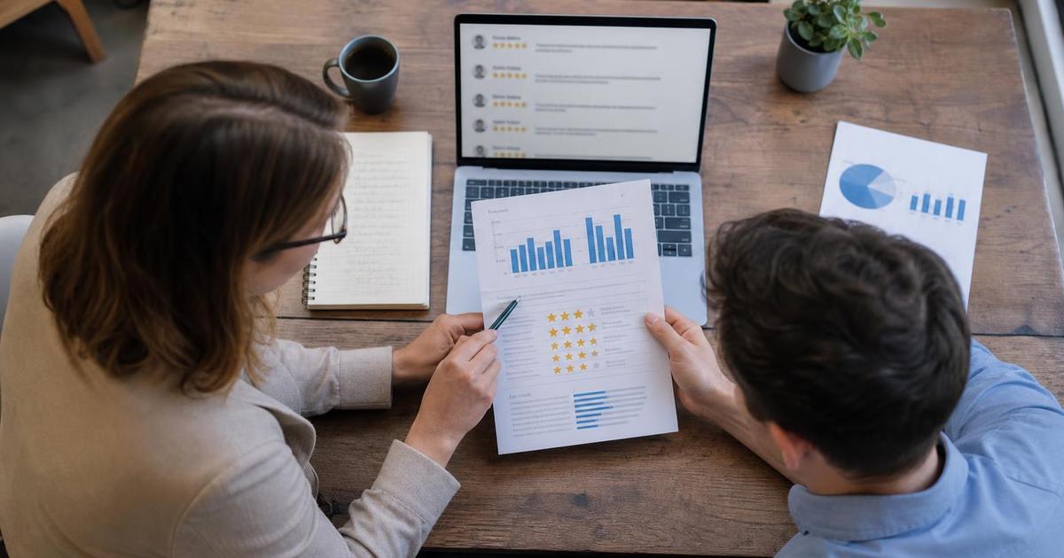 Two people at a small office desk reviewing a printed report with bar charts and star ratings, a laptop showing a blurred review list beside them