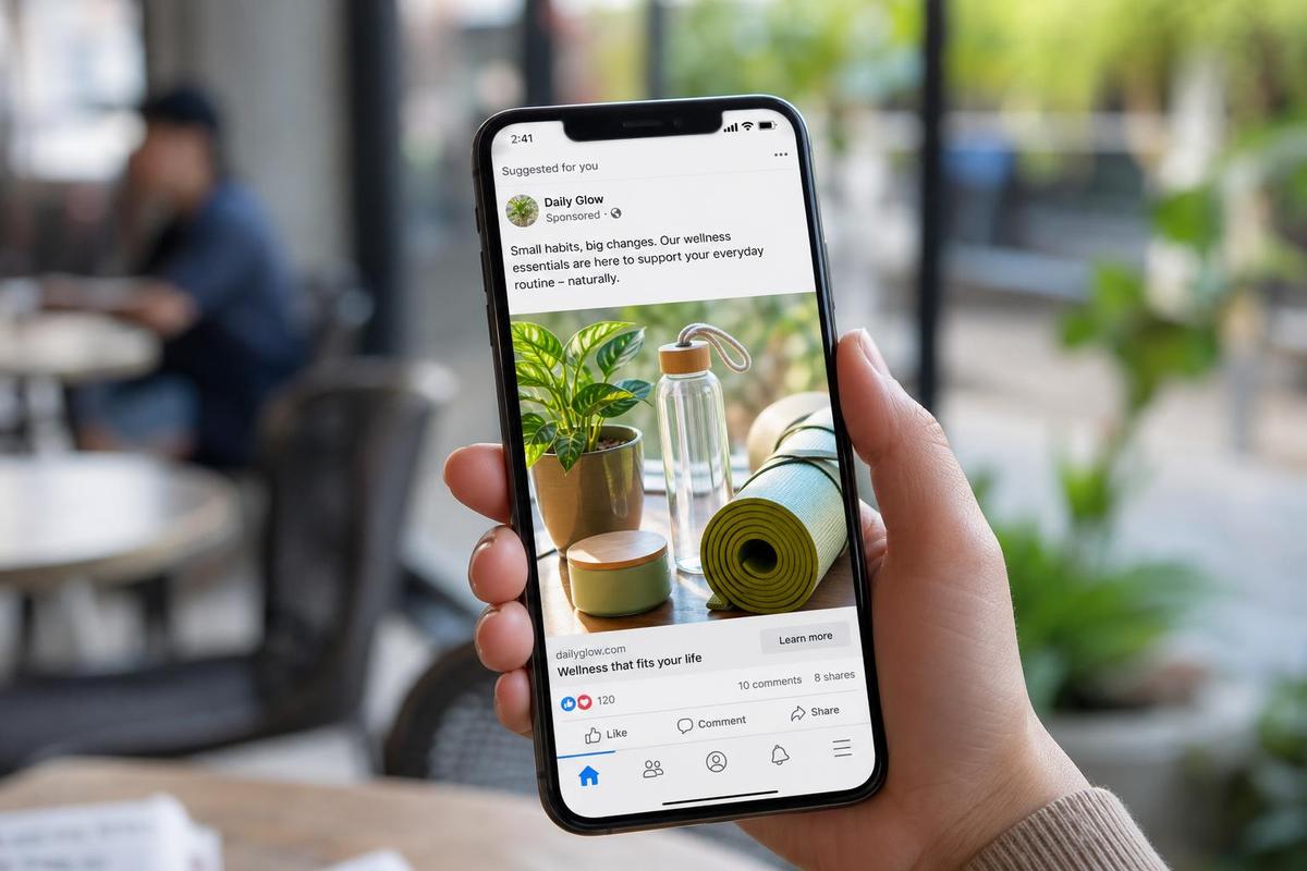 A hand holding a smartphone displaying a colorful lifestyle ad in a social media feed