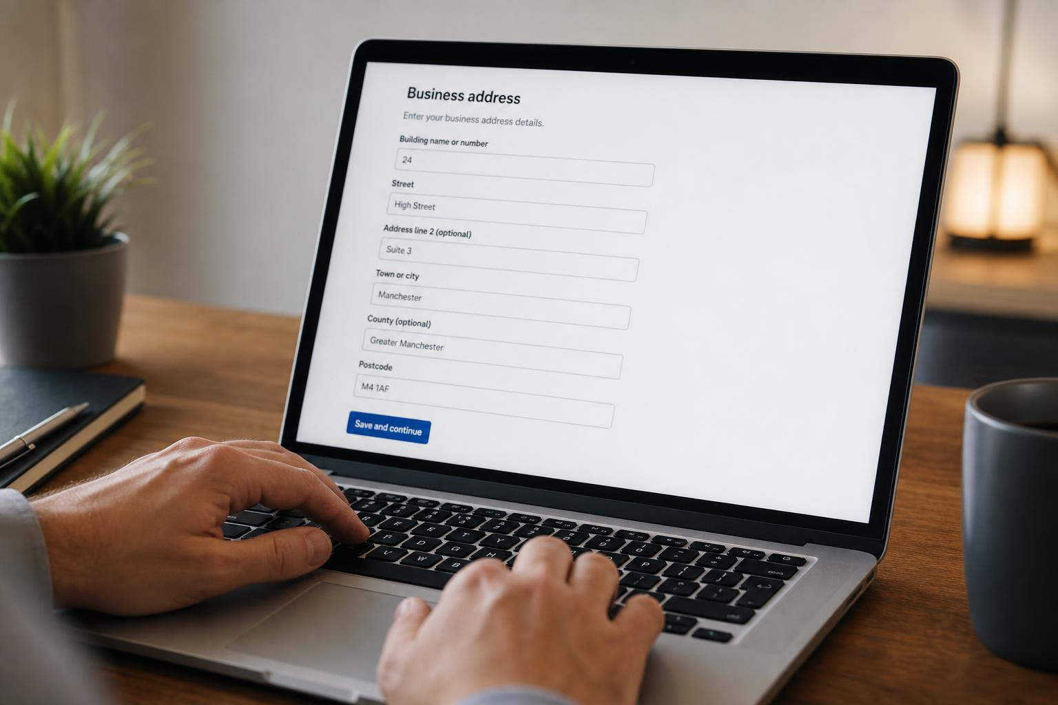 Close-up of hands filling in a UK-format business address form on a laptop, ending in a postcode field instead of a US zip code