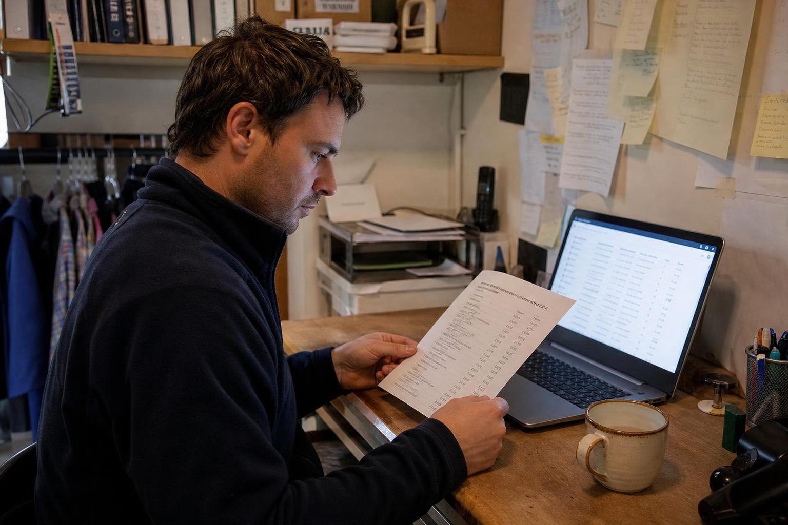 A UK small business owner reviewing a printed list of directory names alongside a laptop at a small office desk