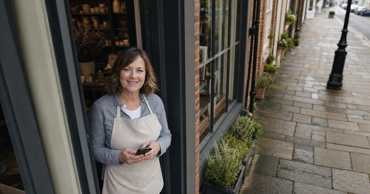 A UK independent shop owner standing in her storefront doorway on a traditional British high street, holding a smartphone