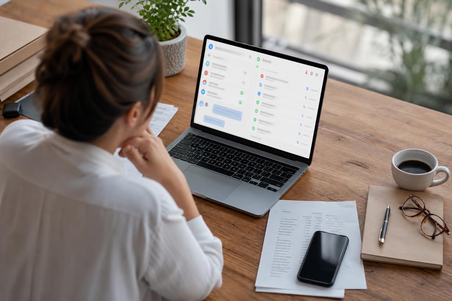 A small business owner at a desk reviewing a dashboard with both a chat thread and a call log side by side