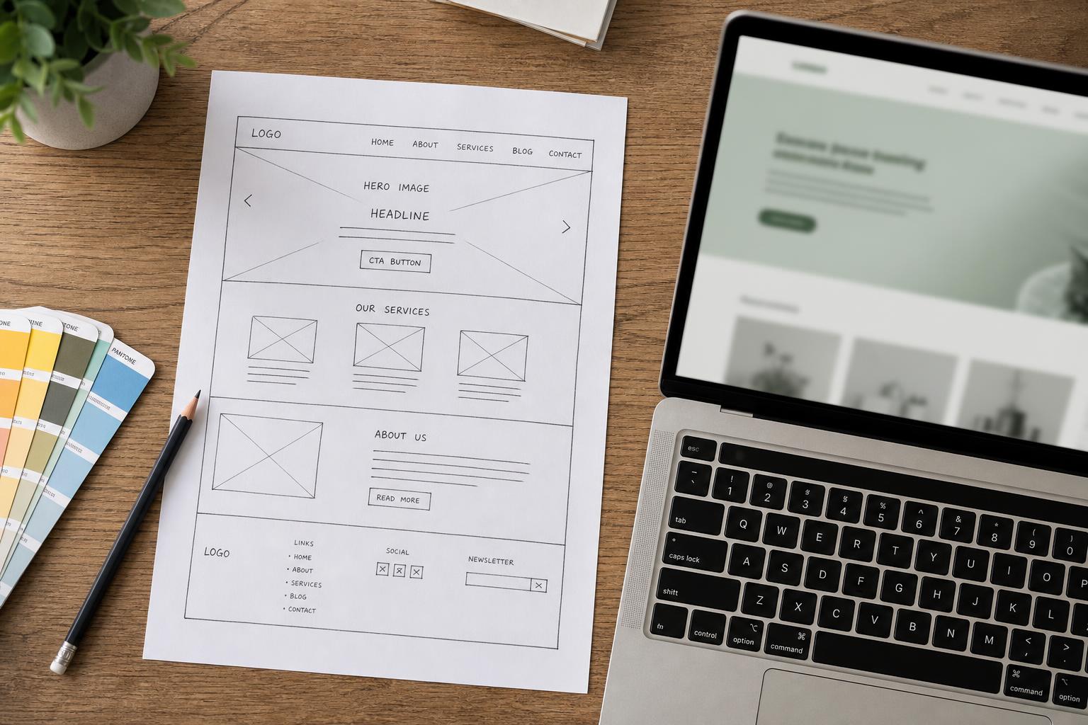 Overhead flat lay of a hand-drawn website wireframe sketch on paper next to a laptop showing an abstract webpage layout