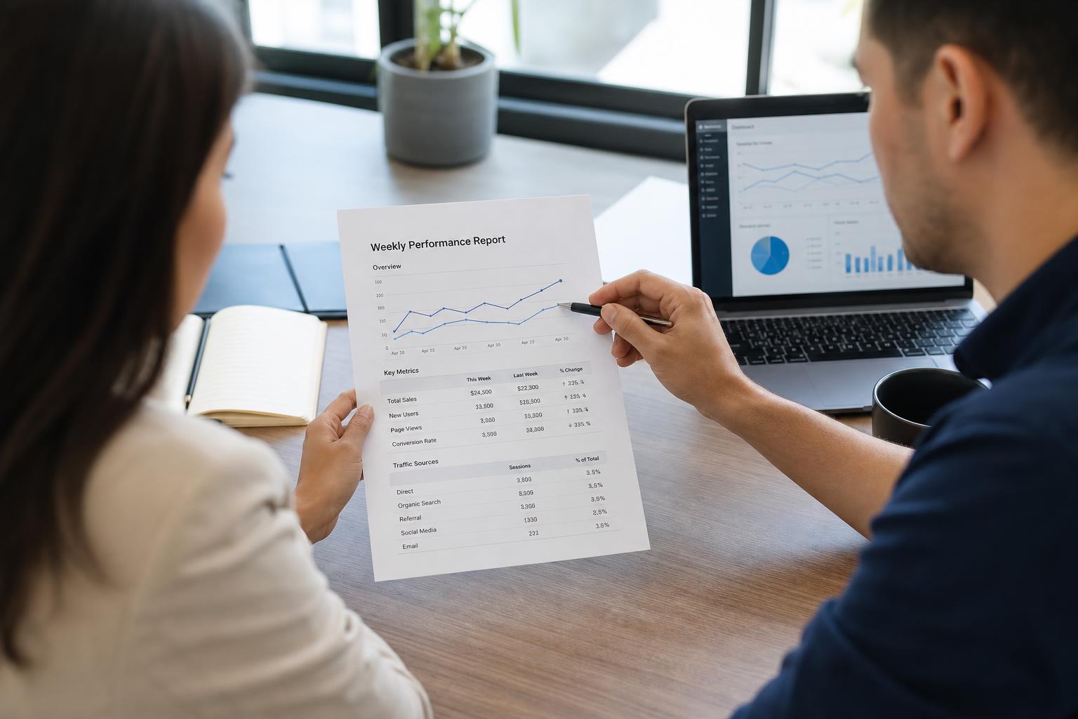 Two people at a desk reviewing a printed weekly report with a line trend chart, one pointing at the chart with a pen